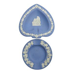TWO (2) Vintage 80's WEDGWOOD Blue Jasperware Ashtray Trinket Dishes